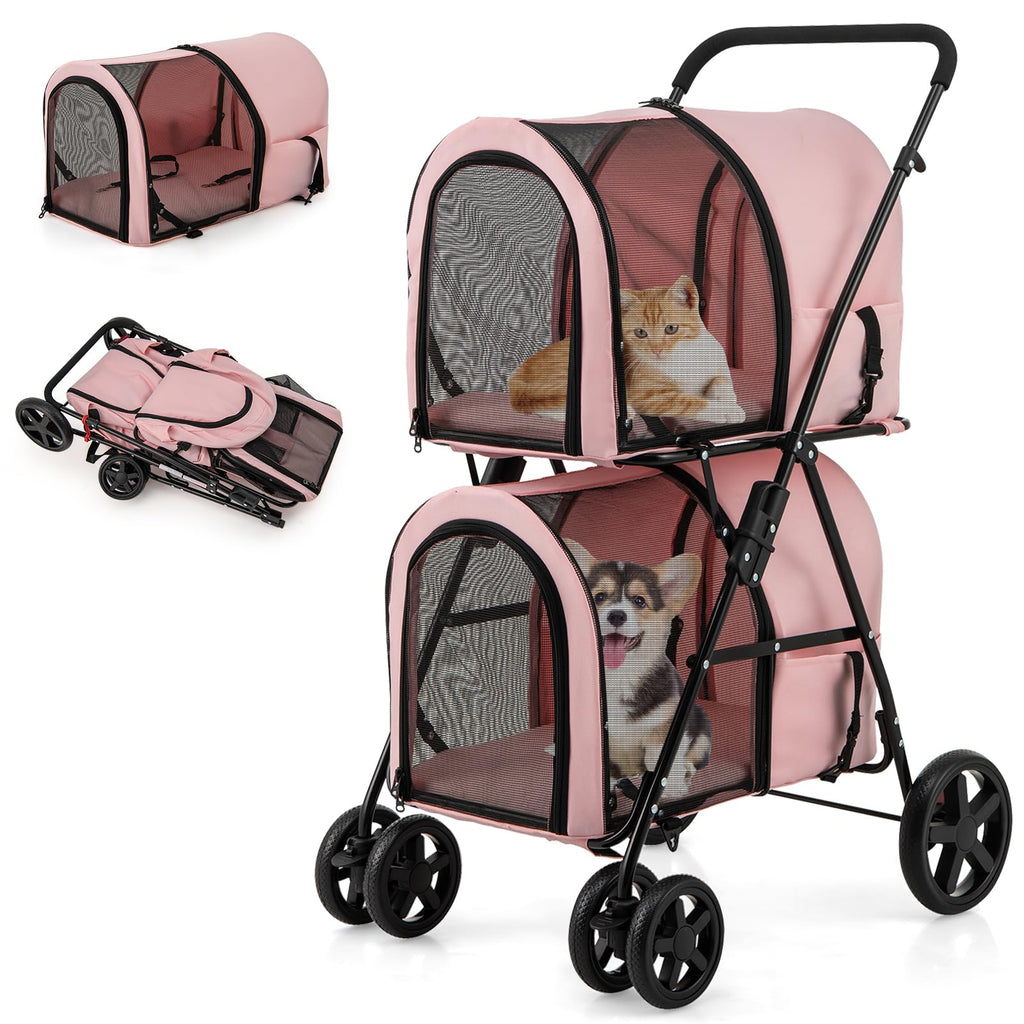 Double Pet Stroller with 2 Detachable Carrier Bags Pink H904