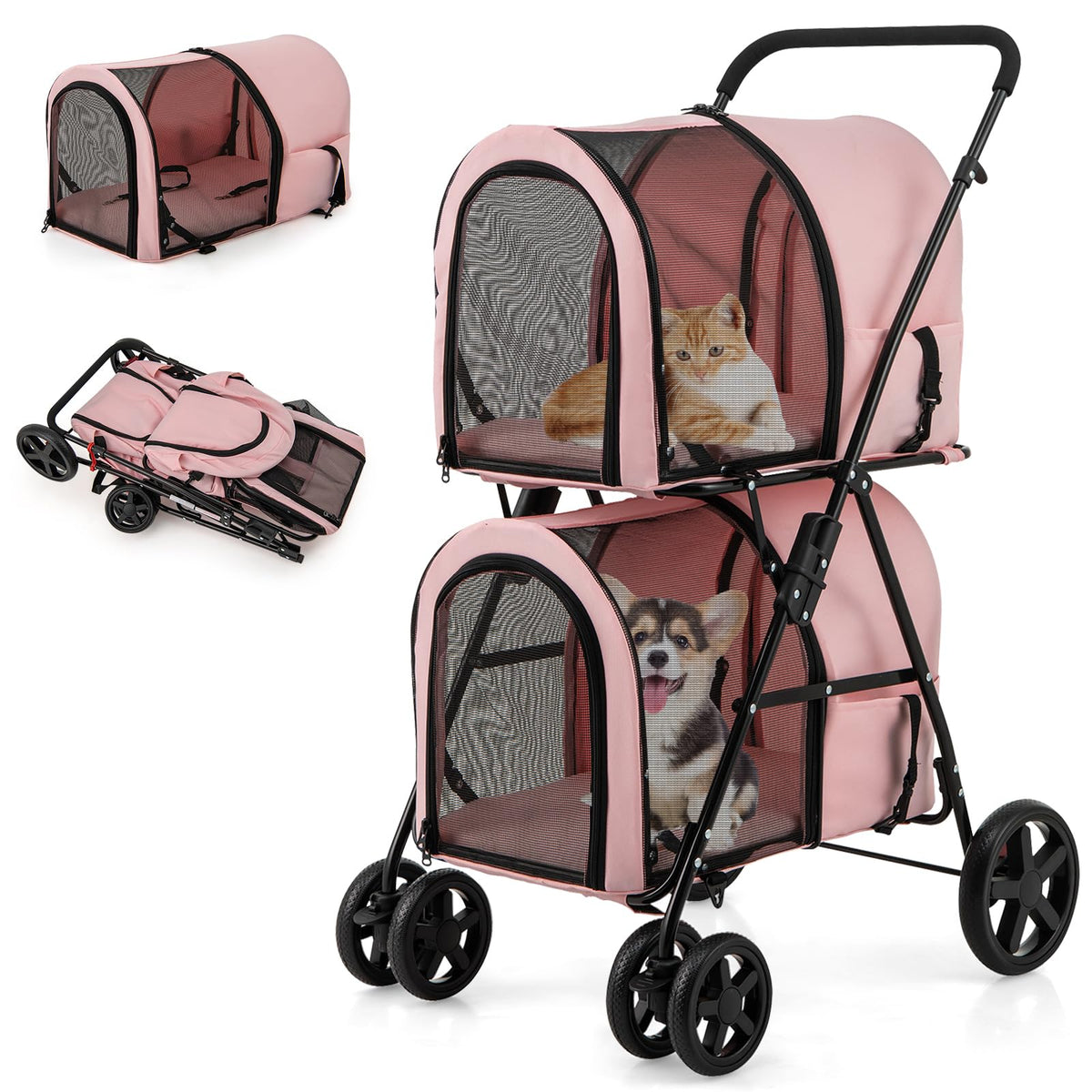 Double Pet Stroller with 2 Detachable Carrier Bags Pink H904