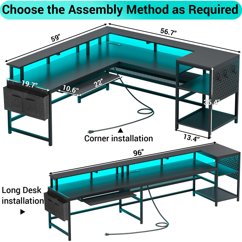 L Shaped Gaming Desk with Power Outlets & LED Strip T78392