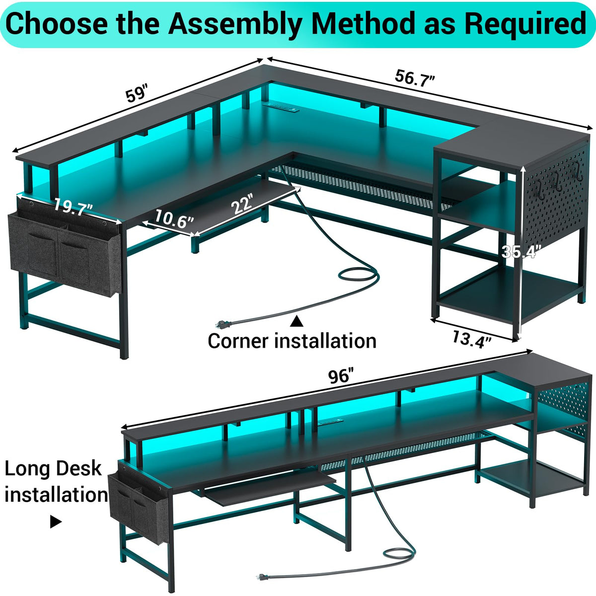 L Shaped Gaming Desk with Power Outlets & LED Strip T78392