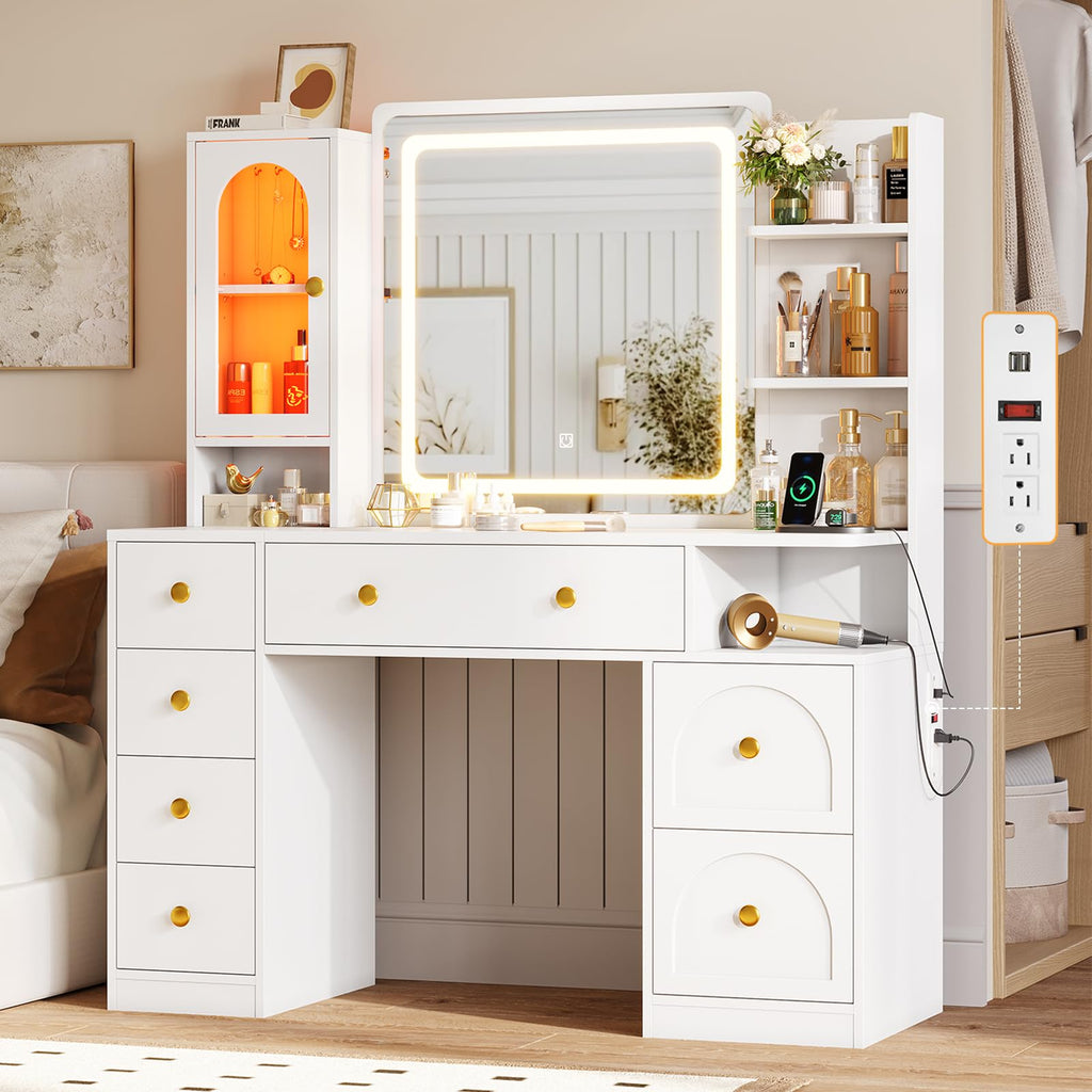 White Vanity Desk with Mirror and LED Lights T9321