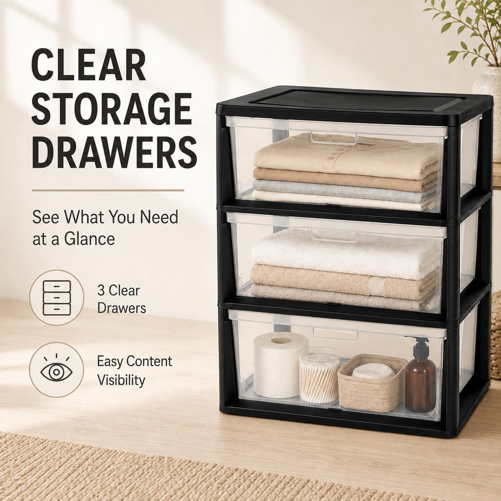 Plastic 3 Drawer Storage Tower with Clear Removable Bins K253480