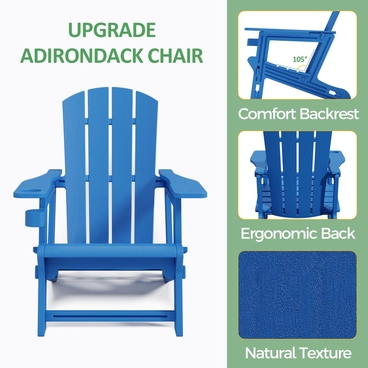 Klein Blue Plastic Adirondack Chairs Set of 2 with Cup Holder W6062