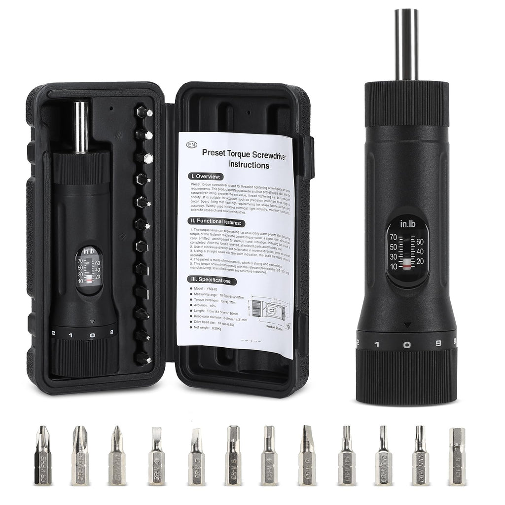 Torque Screwdriver with 12 Pieces Interchangeable Bits 1/4" Drive Black P93173
