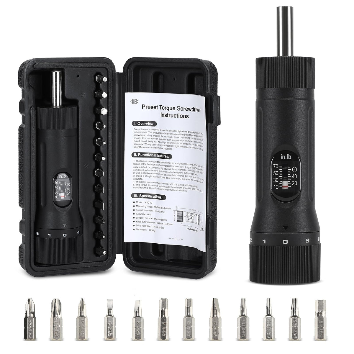 Torque Screwdriver with 12 Pieces Interchangeable Bits 1/4" Drive Black P93173