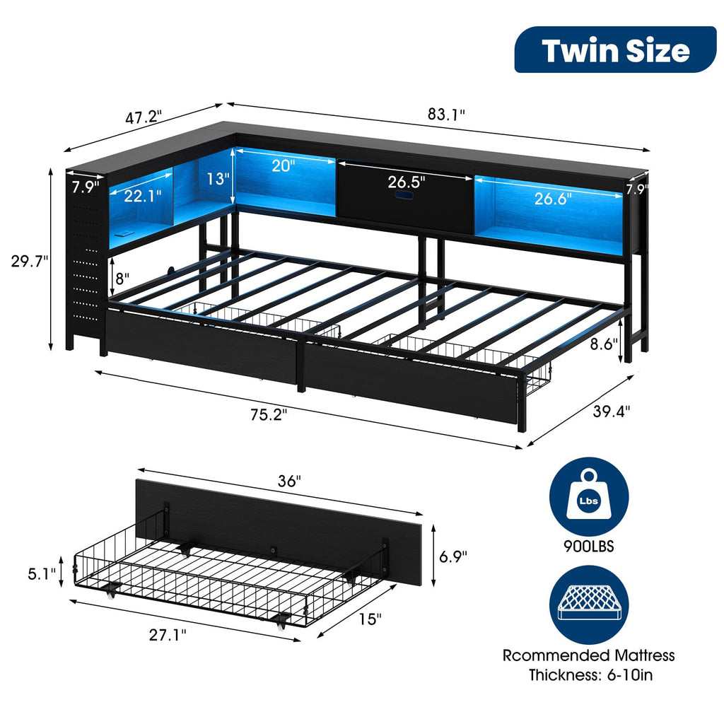 Twin Size Metal Corner Bed Frame with Storage Bookcase Headboard J96005