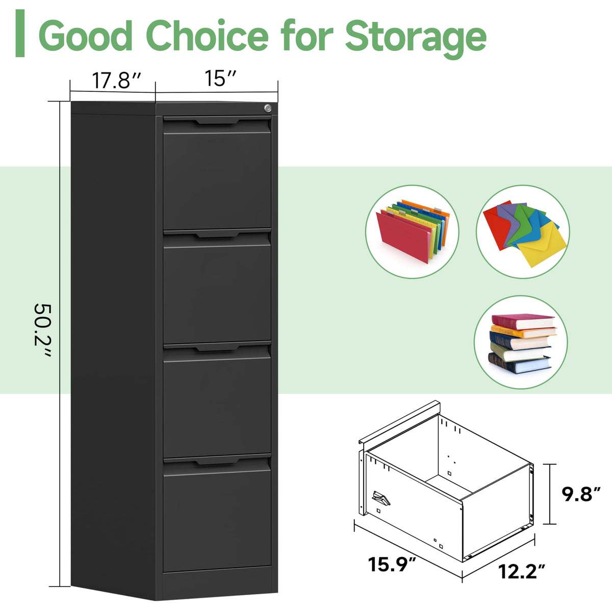 Black 4 Drawer Metal File Cabinet with Lock V662