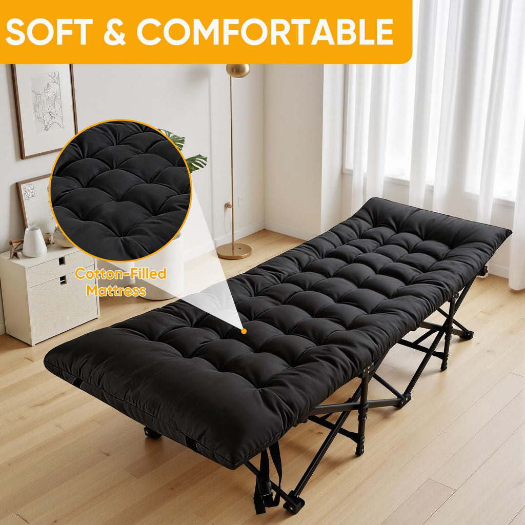 Camping Cot with Thick Mattress and Side Pocket, Black N640438