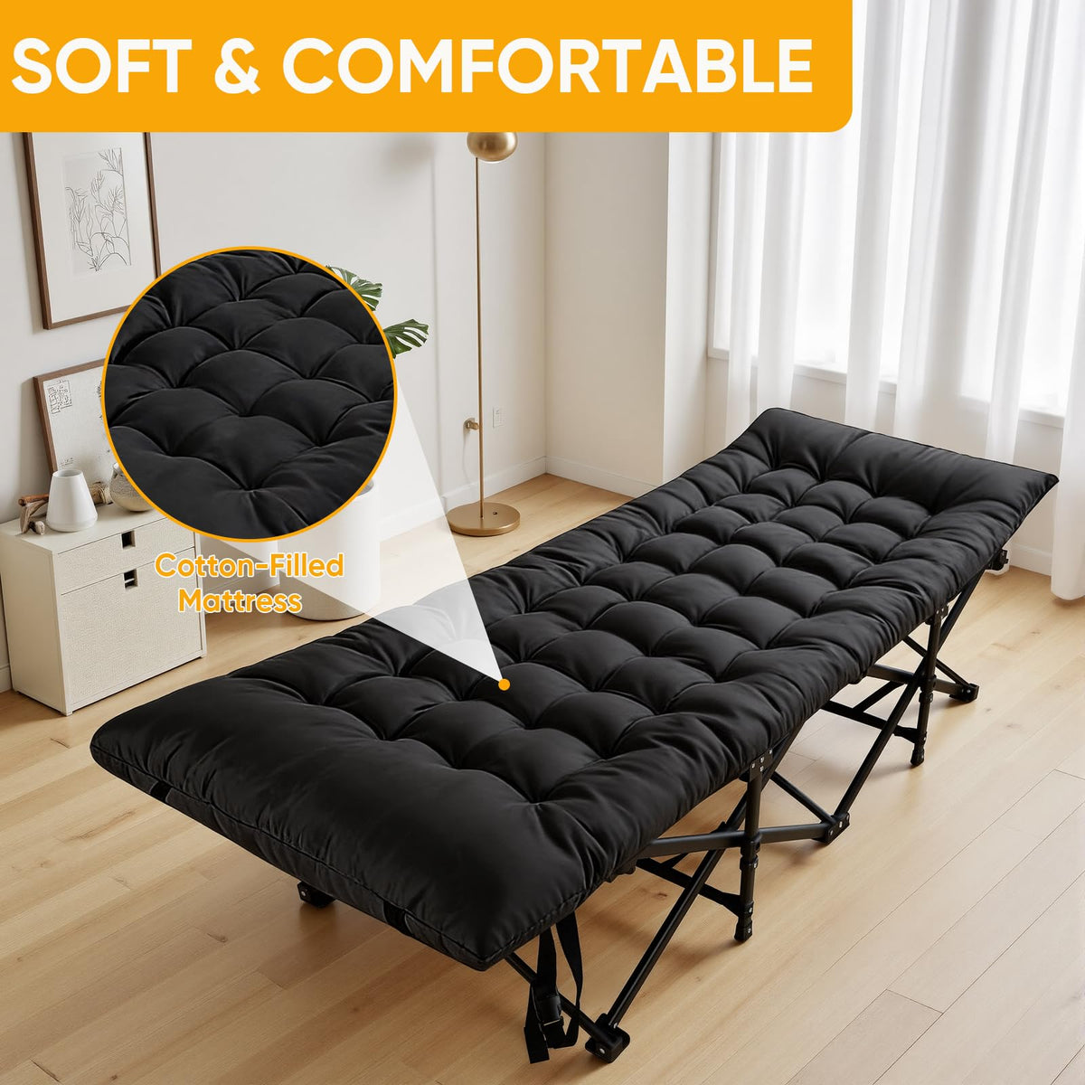 Camping Cot with Thick Mattress and Side Pocket, Black N640438