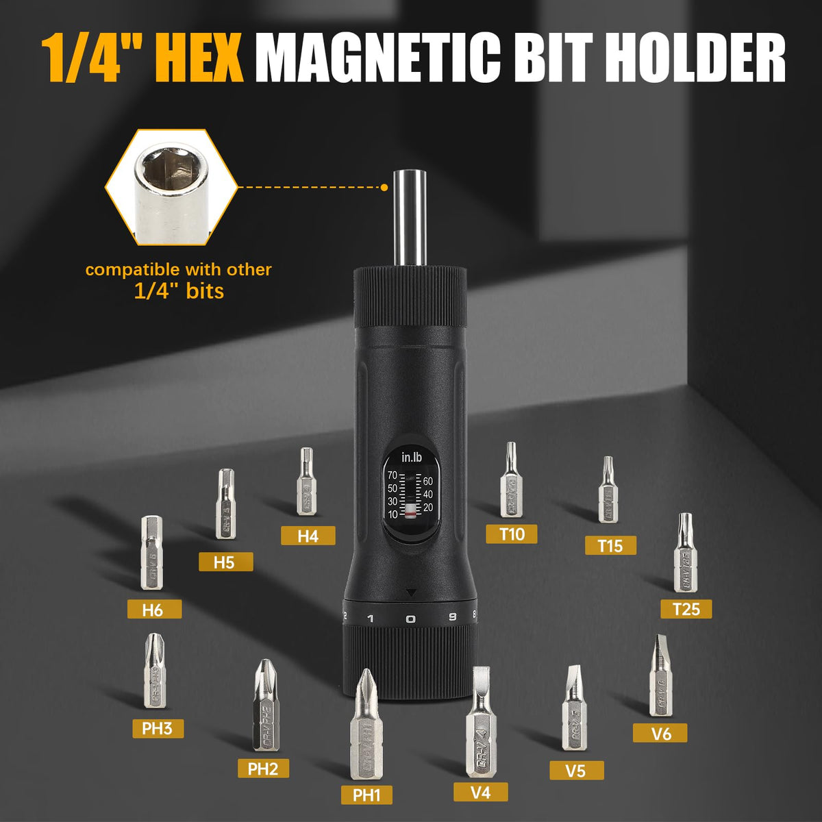 Torque Screwdriver with 12 Pieces Interchangeable Bits 1/4" Drive Black P93173