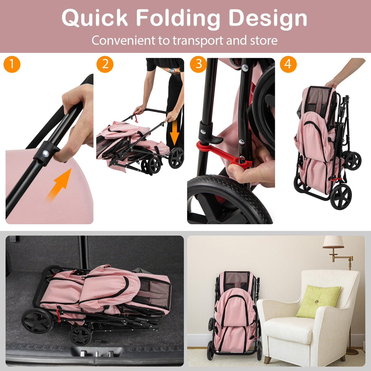 Double Pet Stroller with 2 Detachable Carrier Bags Pink H904