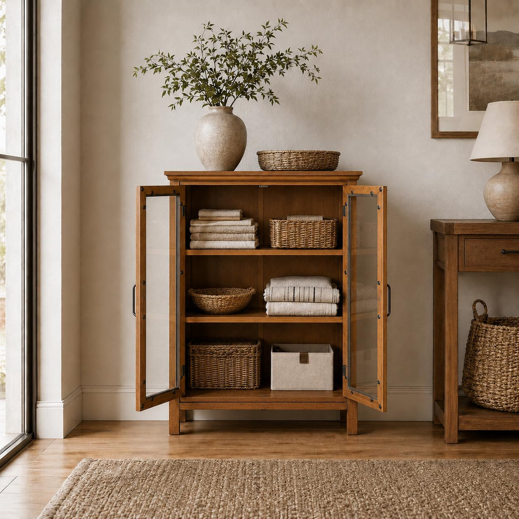 Wooden Freestanding Floor Cabinet with 2 Adjustable Shelves and 2 Glass Paneled Doors I295