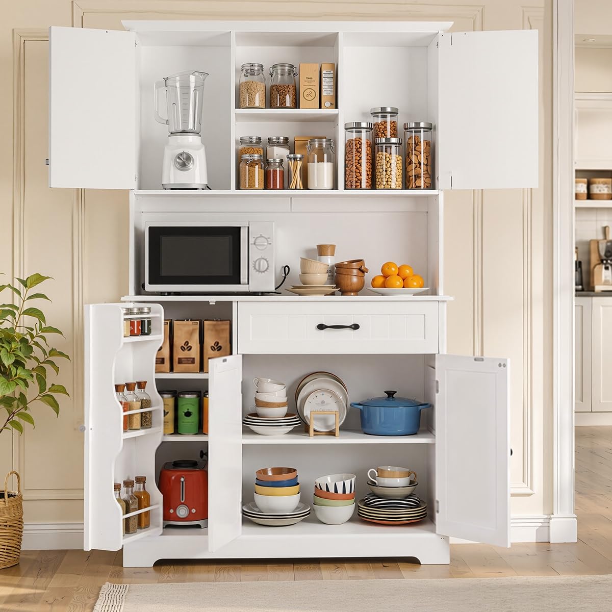 Tall White Kitchen Storage Cabinet with Door and Shelves G7934