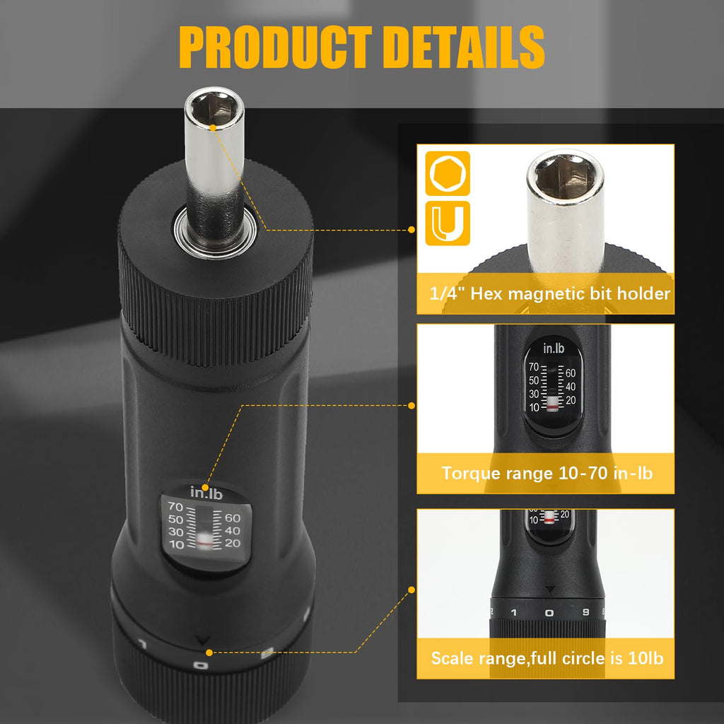 Torque Screwdriver with 12 Pieces Interchangeable Bits 1/4" Drive Black P93173