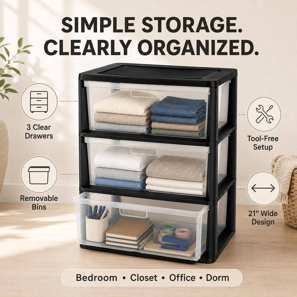 Plastic 3 Drawer Storage Tower with Clear Removable Bins K253480