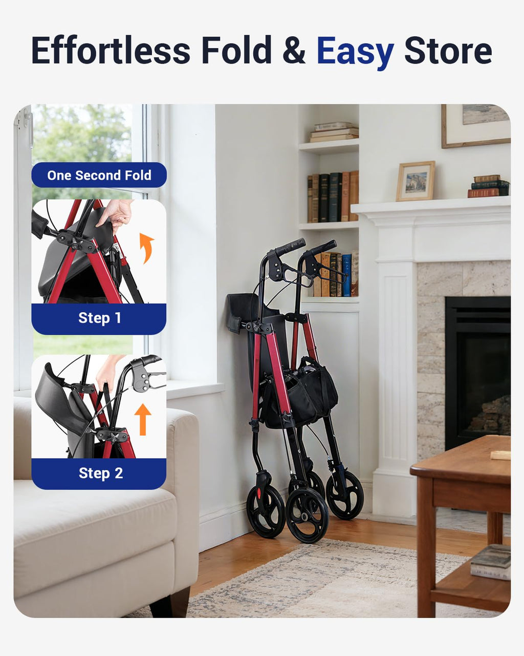 Red 350 lb Capacity Foldable Rollator Walker with Seat K8308