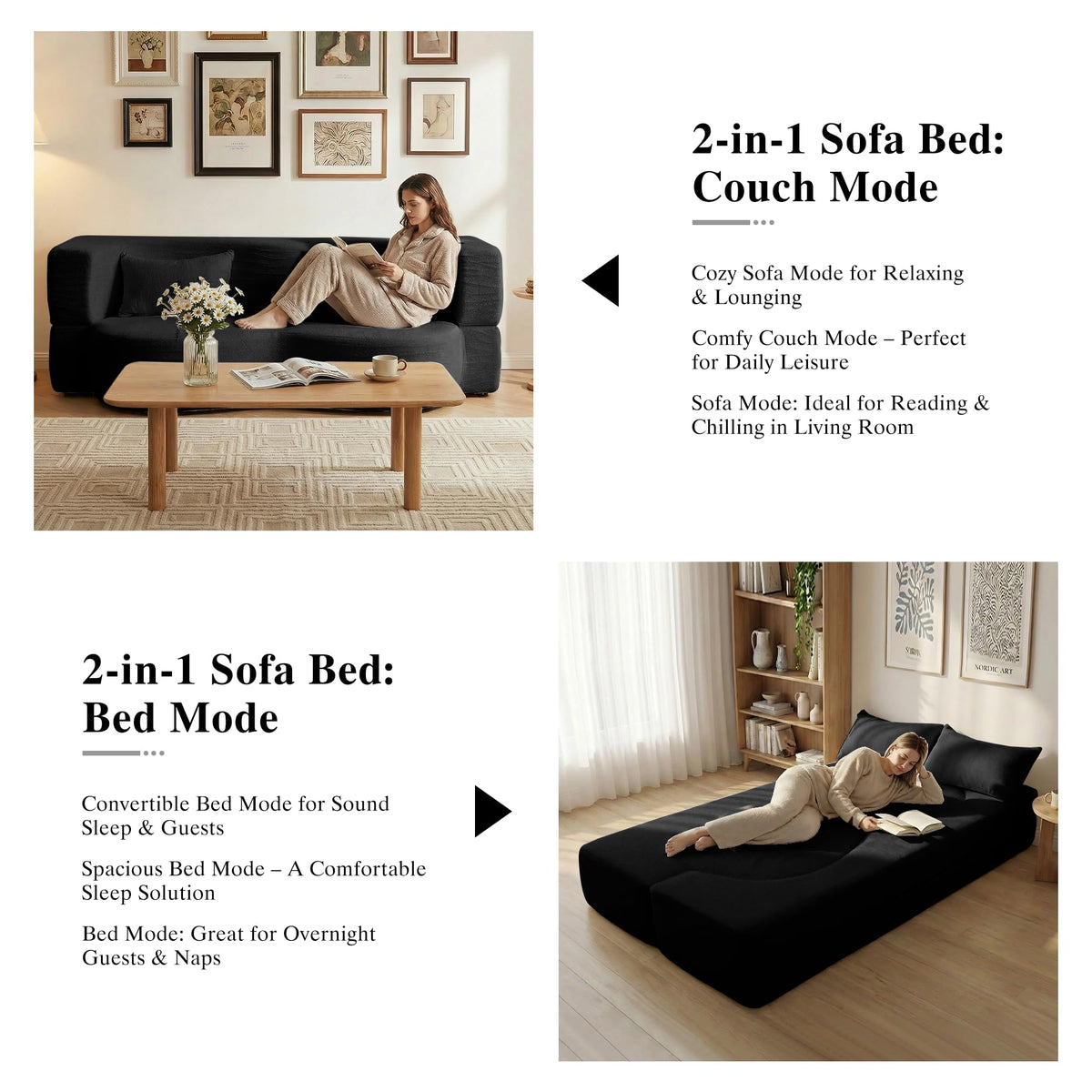 2-in-1 Convertible Sofa Bed 78 Inch Sleeper with Pillow Black W2183