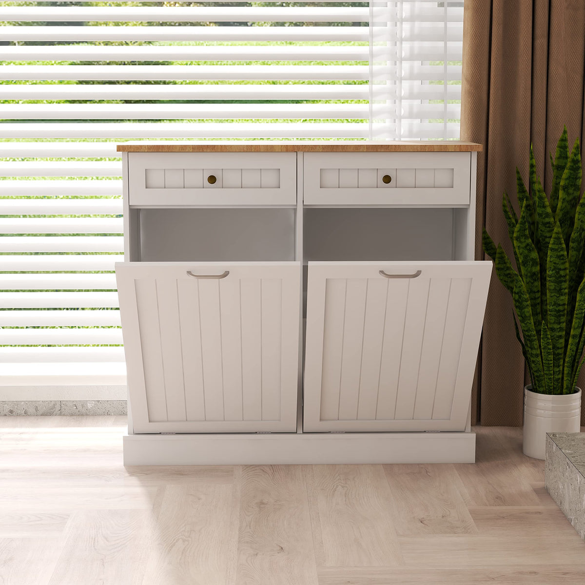 White 2 Drawer Tilt Out Trash Cabinet Y7511