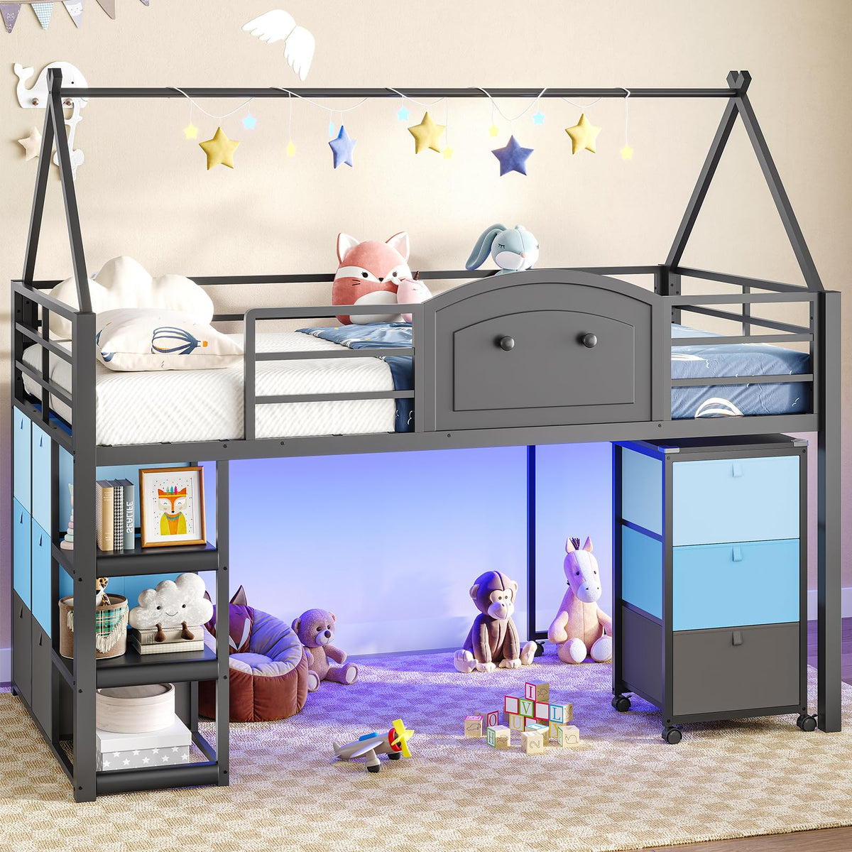 Twin Metal Loft Bed with Desk and Storage D39297