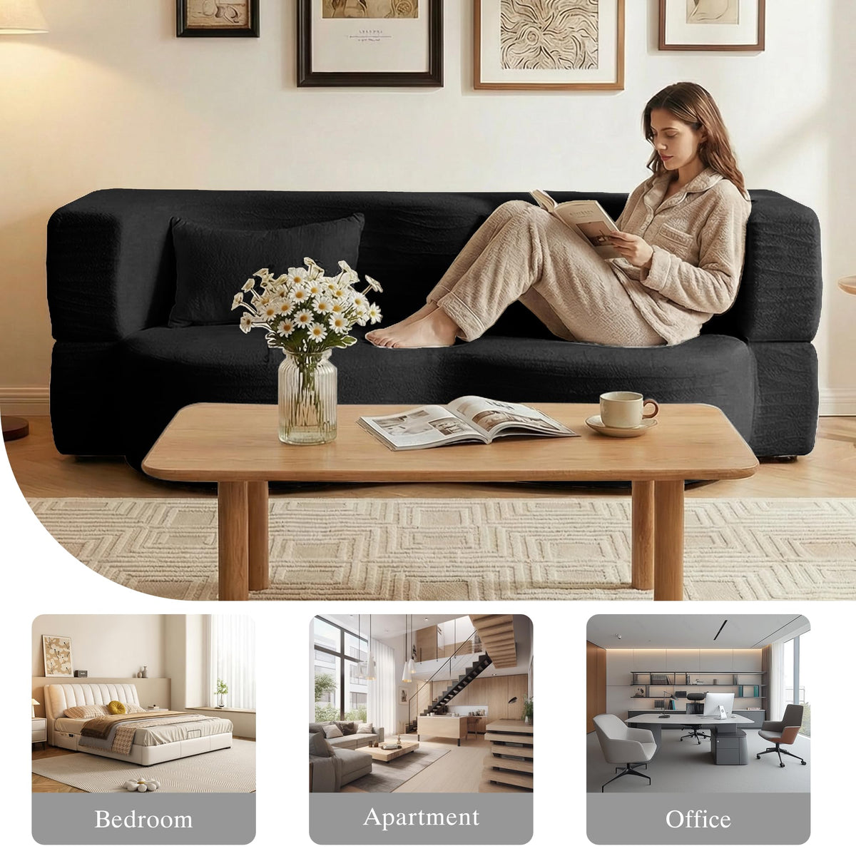 2-in-1 Convertible Sofa Bed 78 Inch Sleeper with Pillow Black W2183