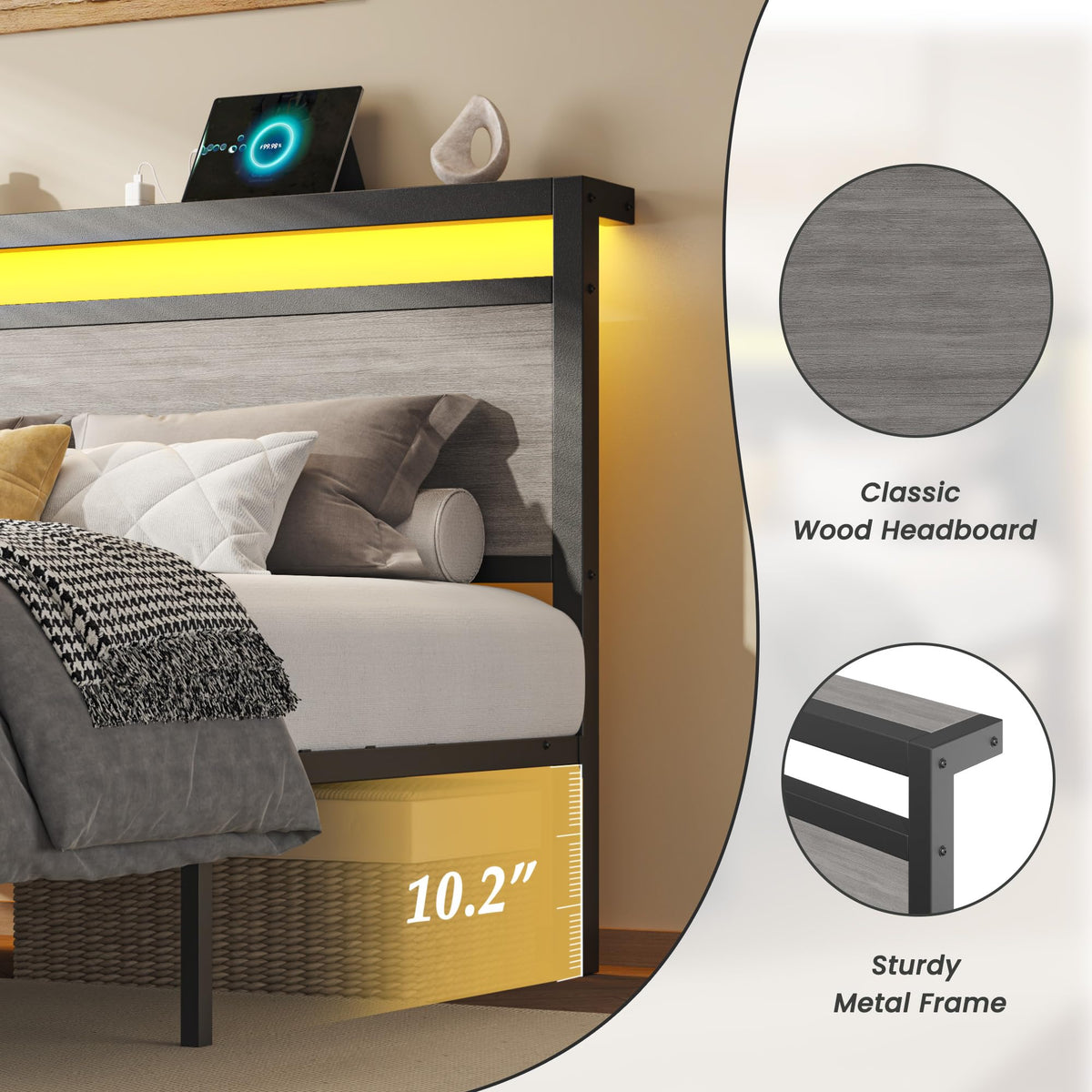 Queen Size Storage Bed Frame with Wood Headboard and LED Lights O1308