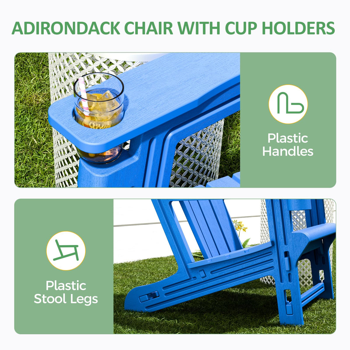 Klein Blue Plastic Adirondack Chairs Set of 2 with Cup Holder W6062