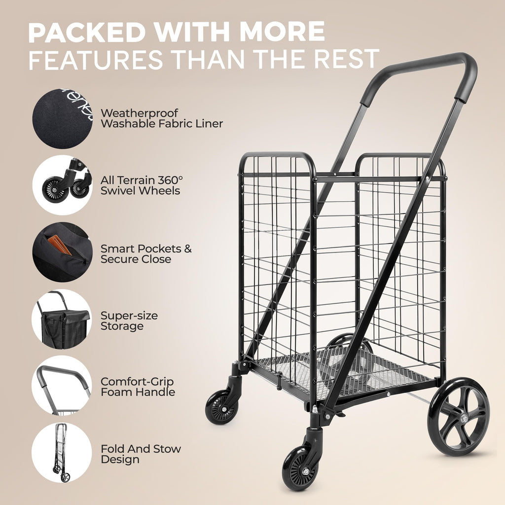 Large Folding Utility Shopping Cart with Removable Liner, 110 lb Capacity, Black K23986