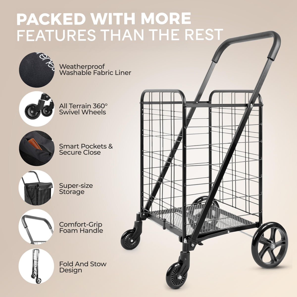 Large Folding Utility Shopping Cart with Removable Liner, 110 lb Capacity, Black K23986