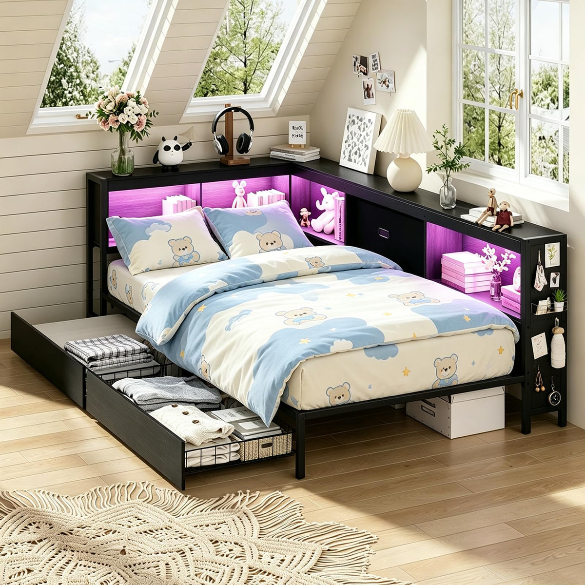 Twin Size Metal Corner Bed Frame with Storage Bookcase Headboard J96005