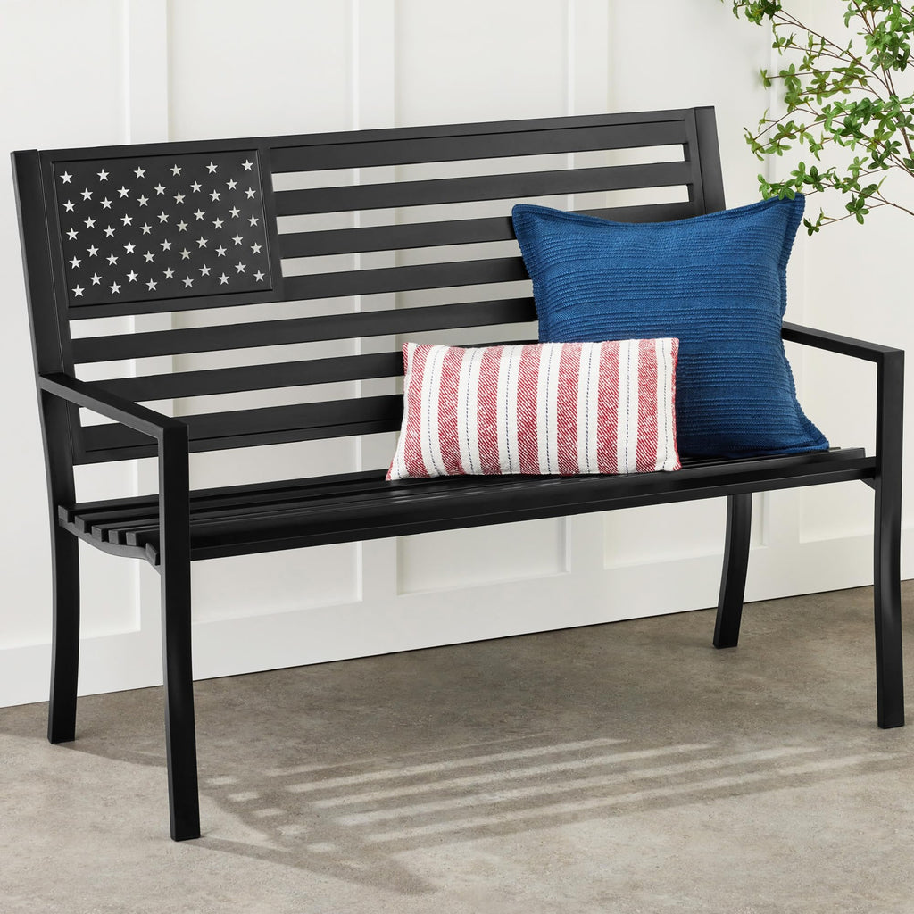 2-Person Steel Indoor/Outdoor Bench with American Flag, 790lb Capacity - Black S86507