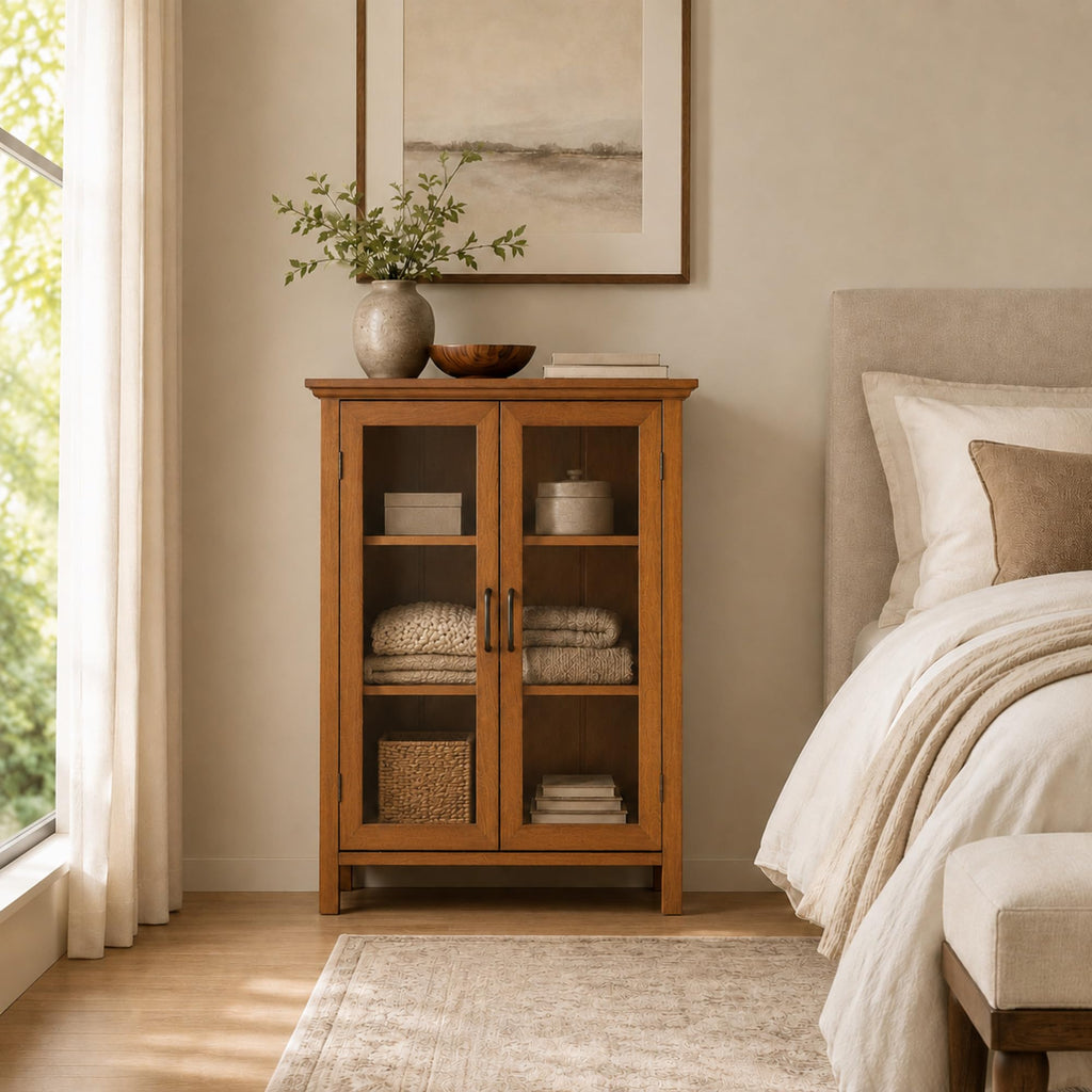 Wooden Freestanding Floor Cabinet with 2 Adjustable Shelves and 2 Glass Paneled Doors I295