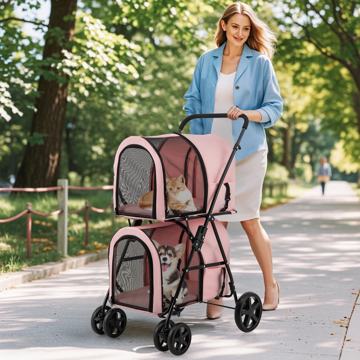 Double Pet Stroller with 2 Detachable Carrier Bags Pink H904