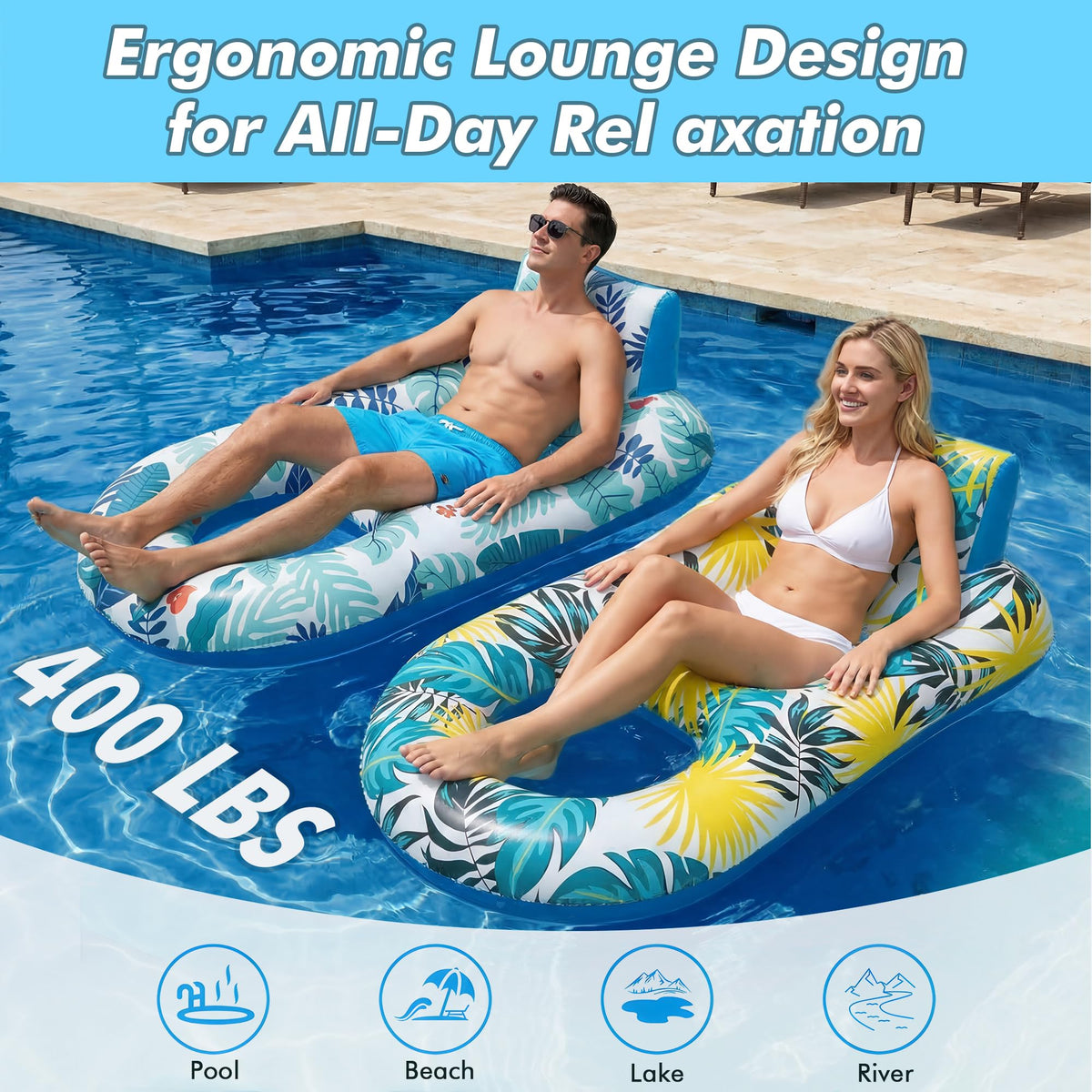 2 Pack Adult Pool Float Lounger with Cup Holders D228