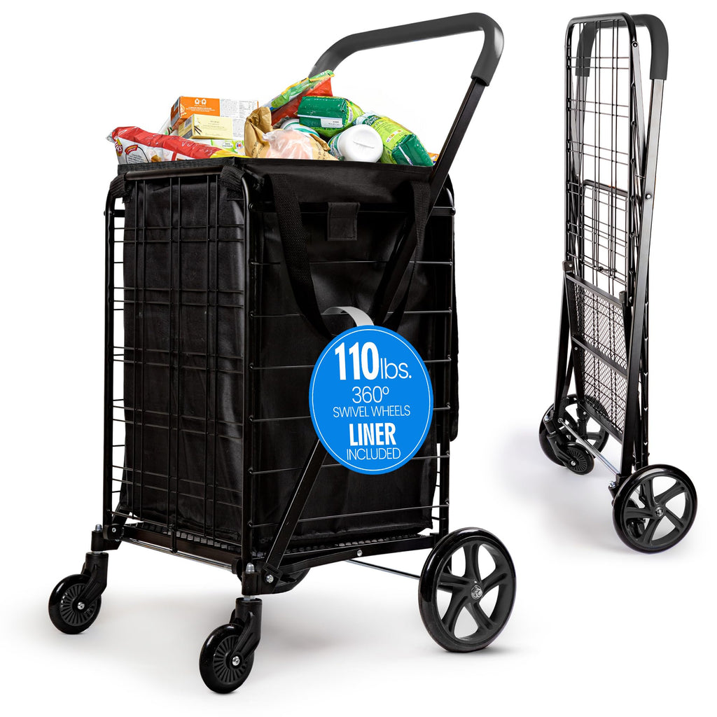 Large Folding Utility Shopping Cart with Removable Liner, 110 lb Capacity, Black K23986
