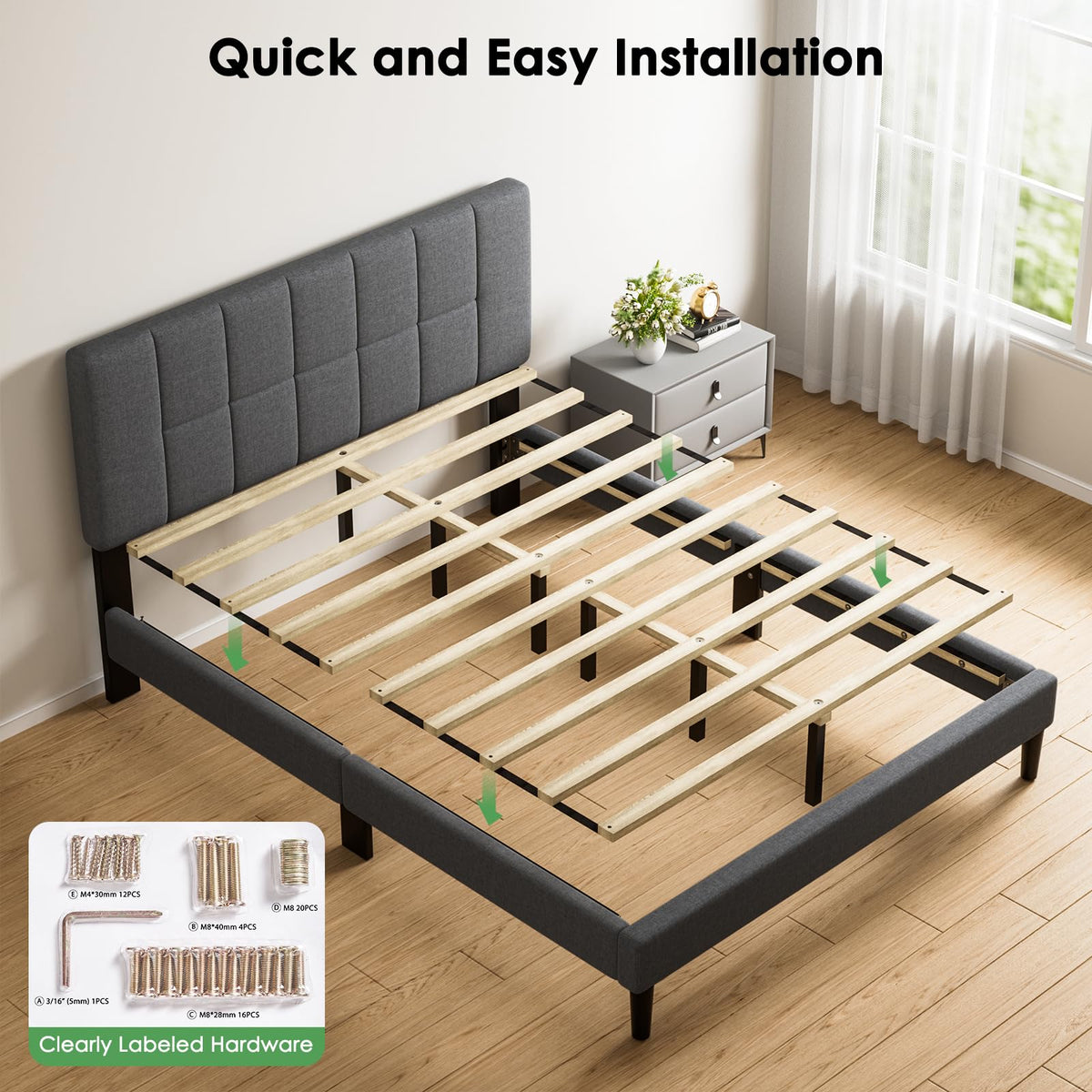 Queen Size Dark Gray Upholstered Bed Frame M9059