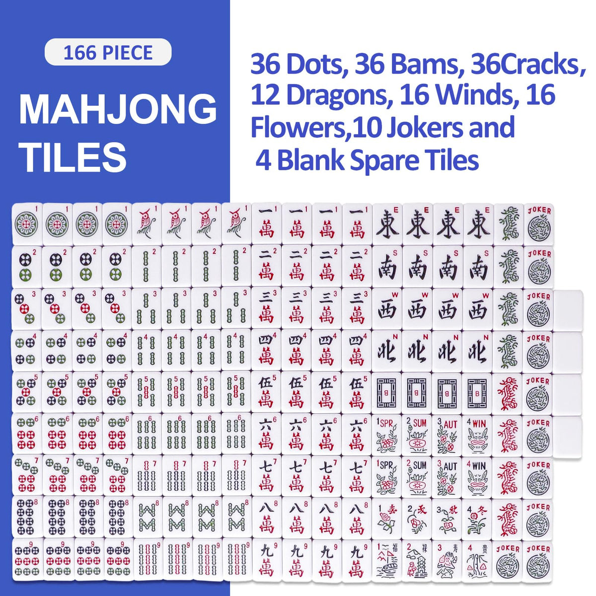 166 Blue Mahjong Tile Set with Bag and 4 All-in-One Rack/Pushers W376