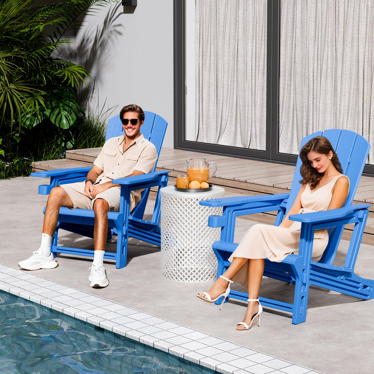 Klein Blue Plastic Adirondack Chairs Set of 2 with Cup Holder W6062