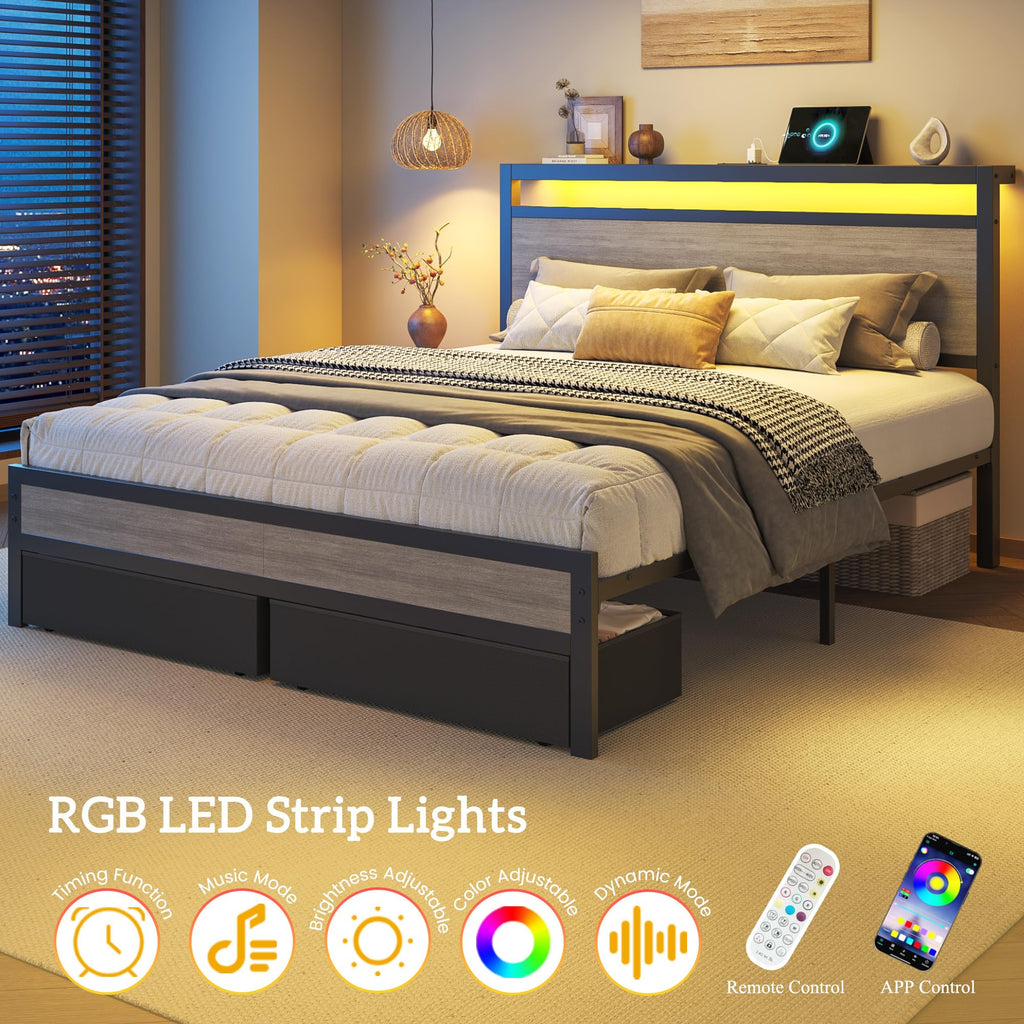 Queen Size Storage Bed Frame with Wood Headboard and LED Lights O1308