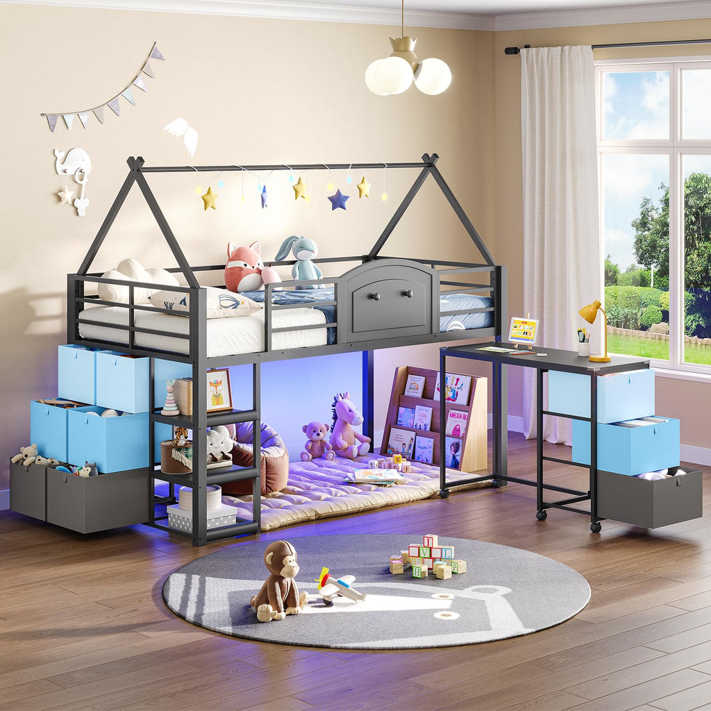 Twin Metal Loft Bed with Desk and Storage D39297