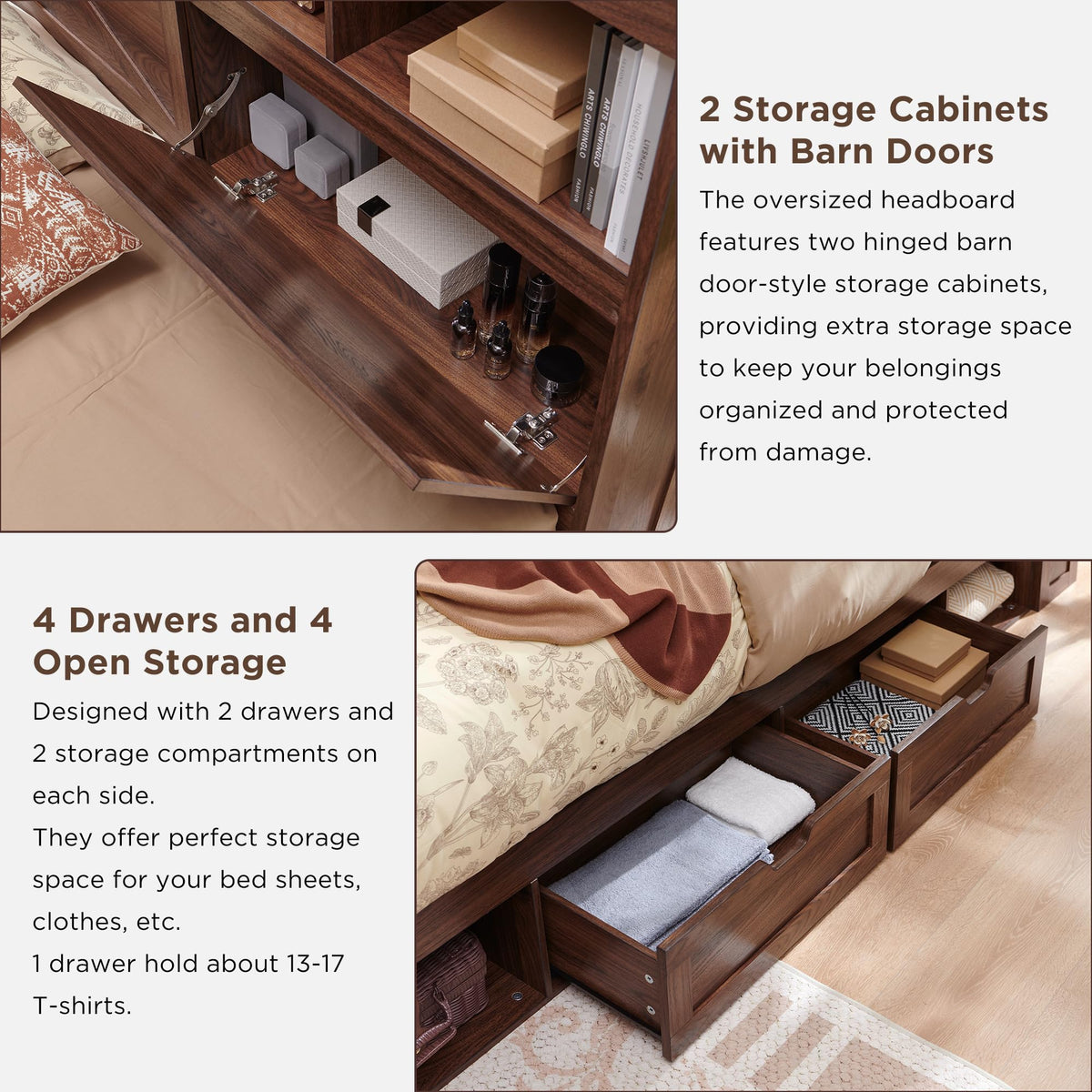 Queen Size Wood Bed Frame with Storage Headboard and 4 Drawers Q956