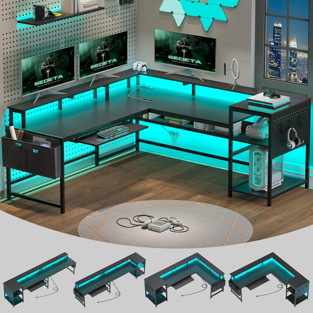 L Shaped Gaming Desk with Power Outlets & LED Strip T78392