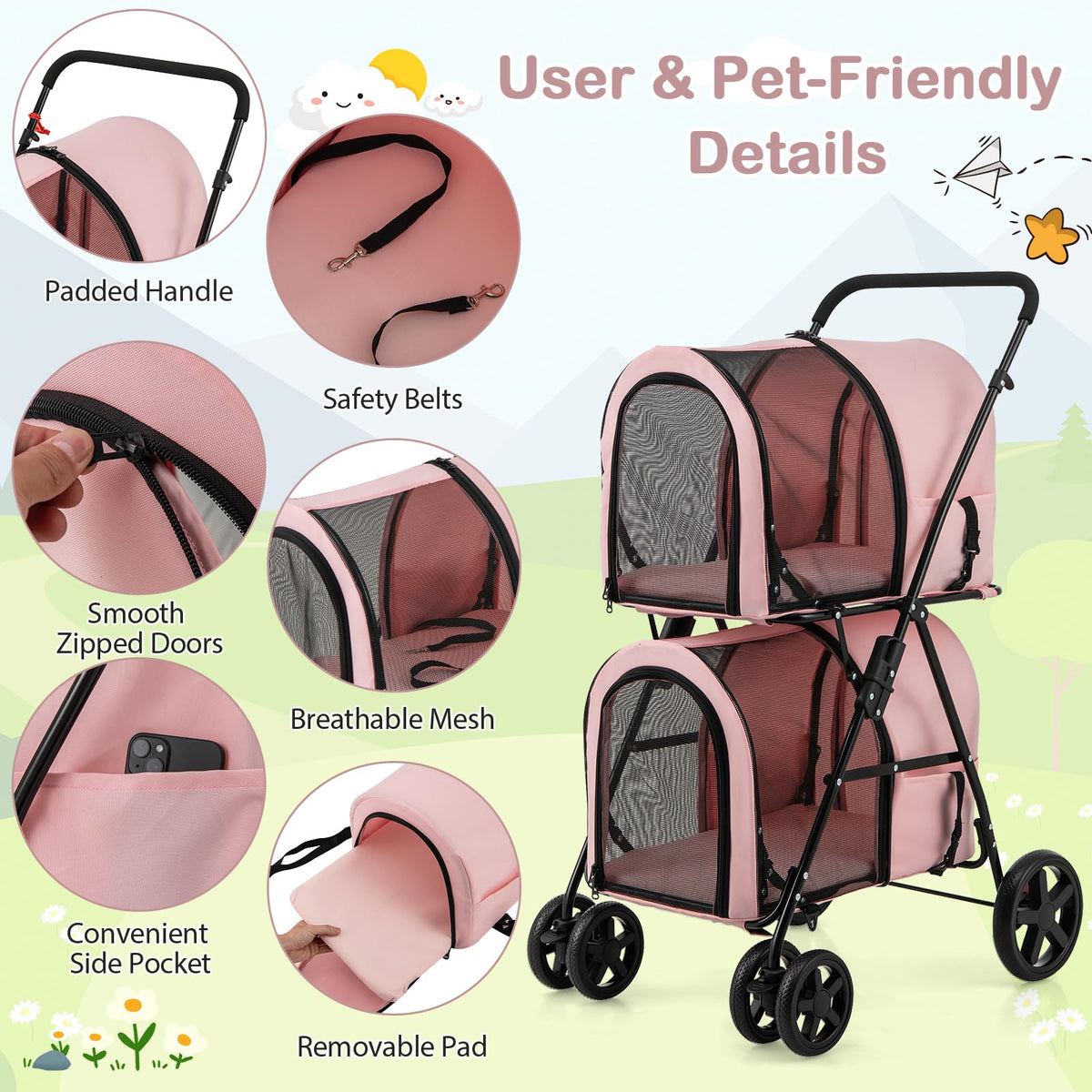 Double Pet Stroller with 2 Detachable Carrier Bags Pink H904