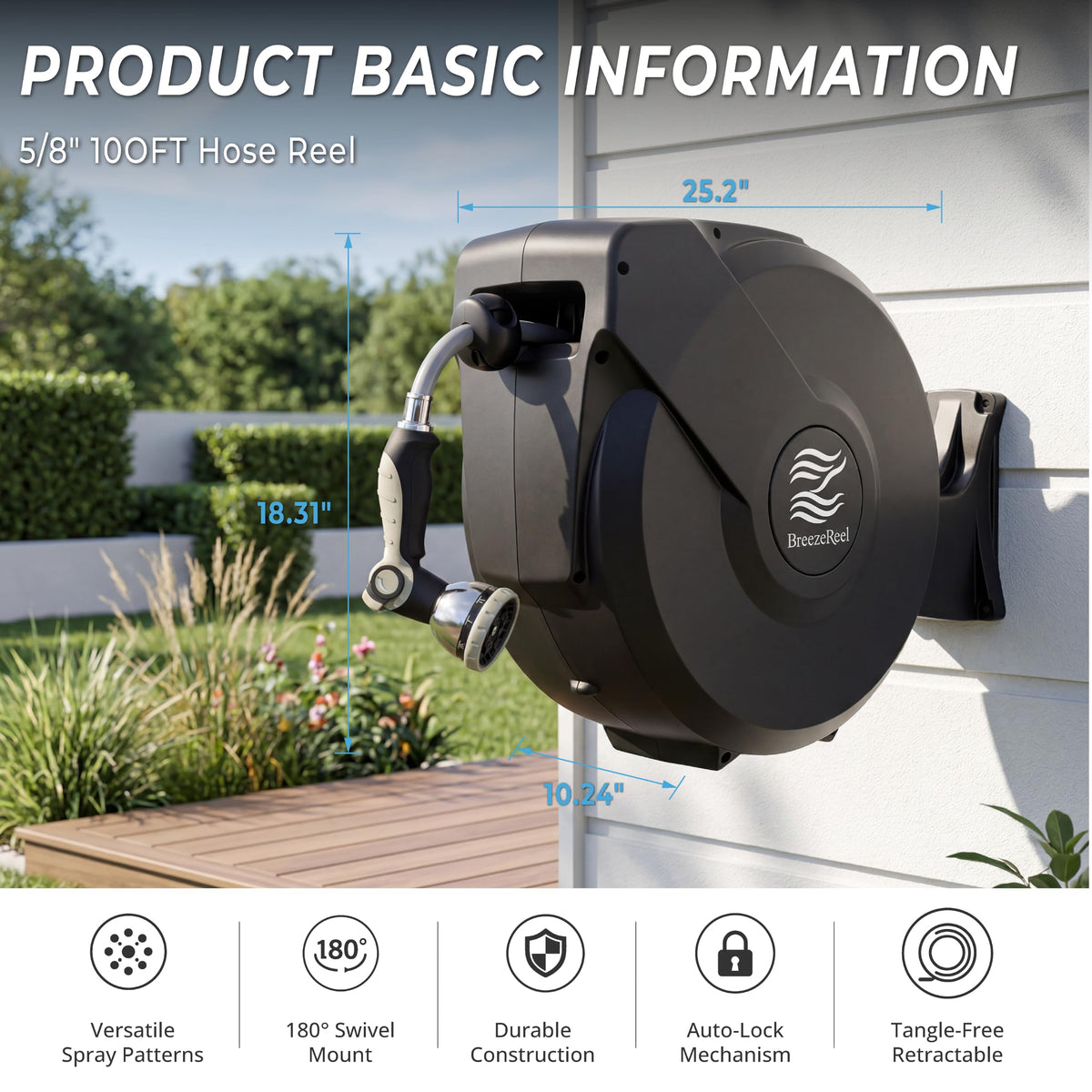 5/8 in x 100 ft Retractable Garden Hose Reel with 10 Patterns Nozzle R610009