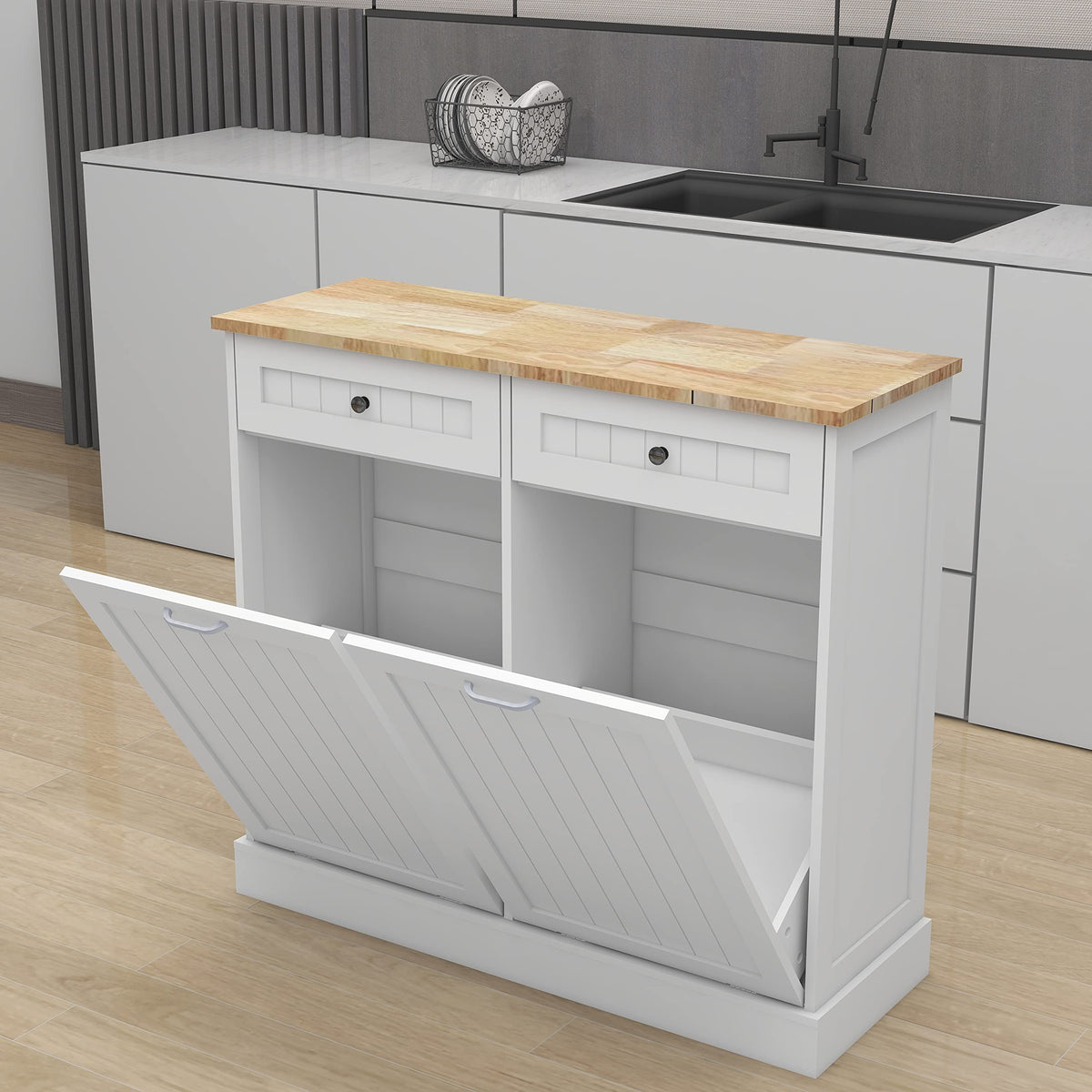 White 2 Drawer Tilt Out Trash Cabinet Y7511