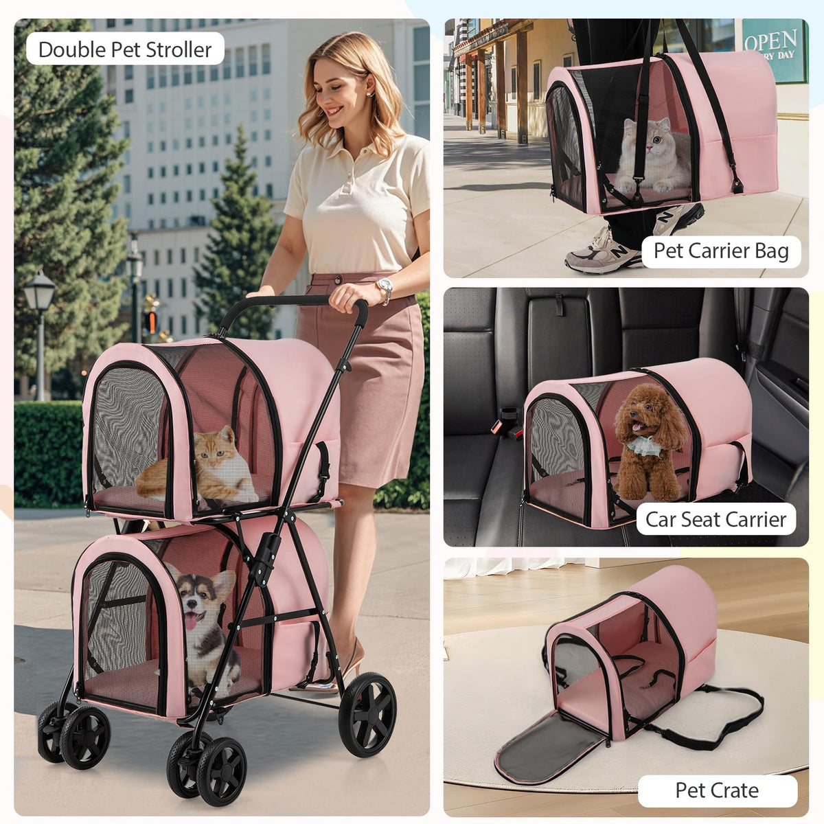 Double Pet Stroller with 2 Detachable Carrier Bags Pink H904