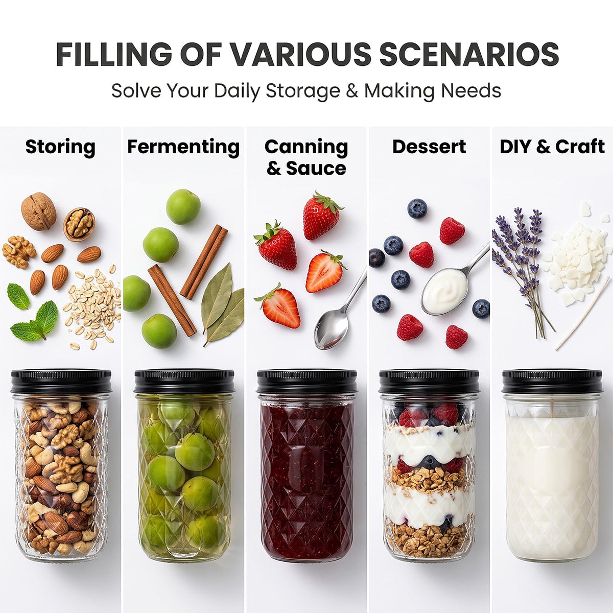 12 oz Mason Jars 12 Pack Regular Mouth Canning Jars with Black Lids V426228