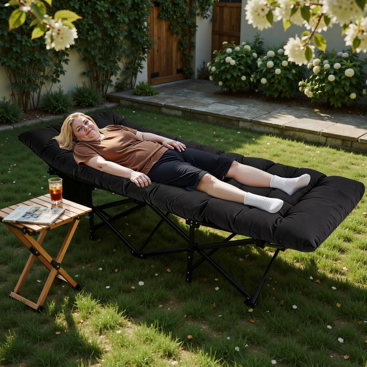 Camping Cot with Thick Mattress and Side Pocket, Black N640438