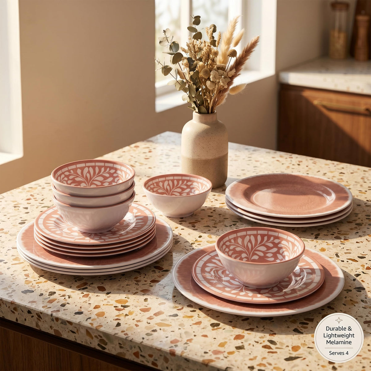 12 Pcs Light Pink Melamine Dinnerware Set Y486450