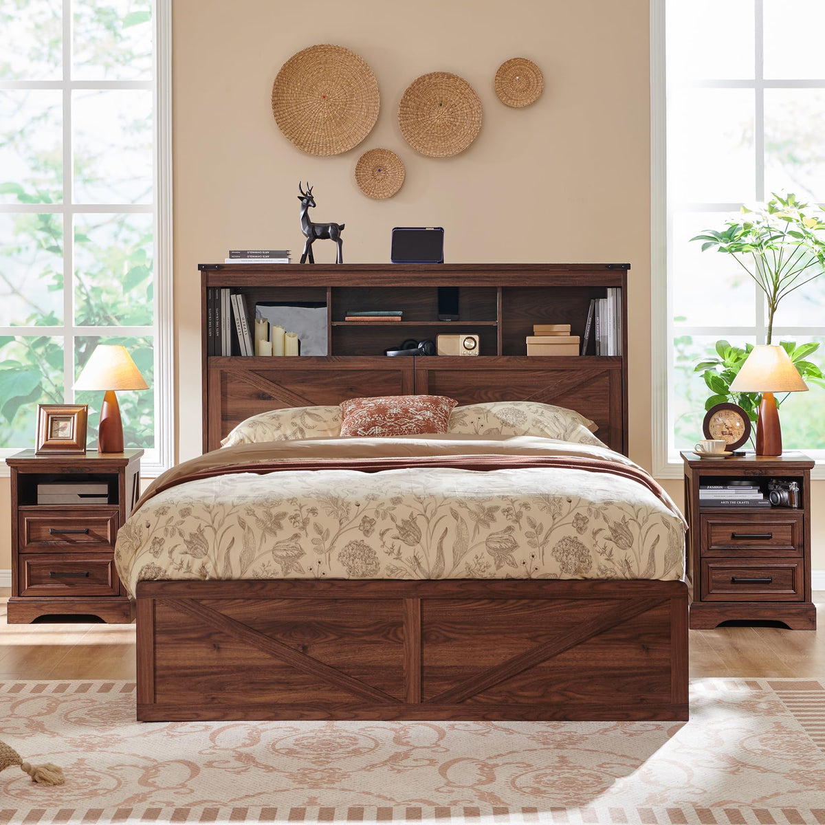 Queen Size Wood Bed Frame with Storage Headboard and 4 Drawers Q956