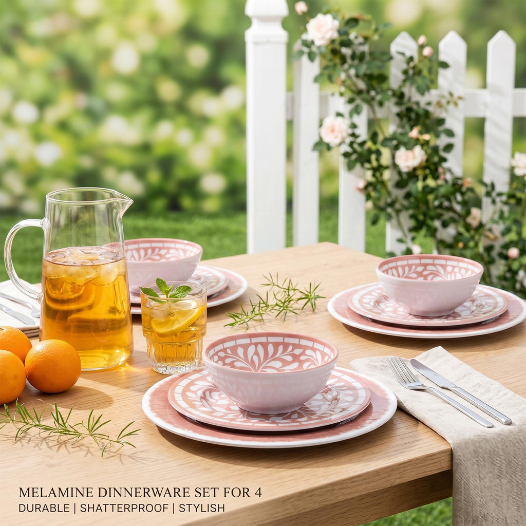 12 Pcs Light Pink Melamine Dinnerware Set Y486450